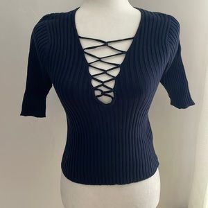 NWOT strappy cross-front ribbed short sleeved knit top